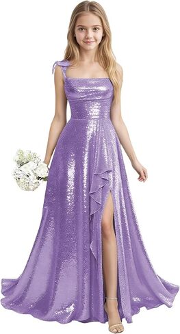 Sequin Junior Bridesmaid Dresses for Teen Girls with Slit Long Prom Dress for Teens Spaghetti Straps A Line in Saudi Arabia