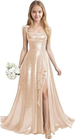 Sequin Junior Bridesmaid Dresses for Teen Girls with Slit Long Prom Dress for Teens Spaghetti Straps A Line in Saudi Arabia