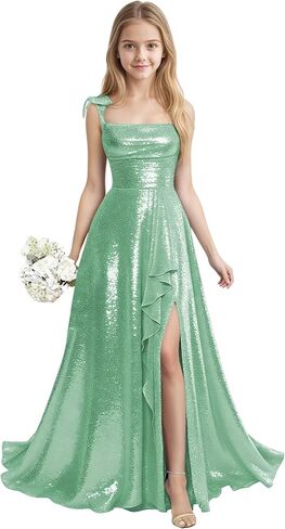 Sequin Junior Bridesmaid Dresses for Teen Girls with Slit Long Prom Dress for Teens Spaghetti Straps A Line in Saudi Arabia