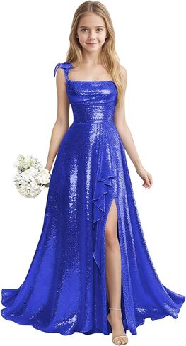 Sequin Junior Bridesmaid Dresses for Teen Girls with Slit Long Prom Dress for Teens Spaghetti Straps A Line in Saudi Arabia