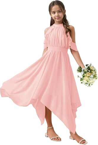 الشيفون فستان وصيفة الشرف جونيور عيد ميلاد كشكش مطوي طويل الحفلة الراقصة ثوب الزفاف غير المتكافئة تنحنح زهرة فتاة اللباس in Kuwait