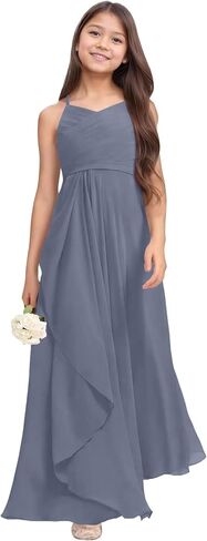 Chiffon Flower Girl Dresses for Wedding Junior Bridesmaid Dress Spaghetti Strap V Neck Long Teen Girl Dresses in Saudi Arabia