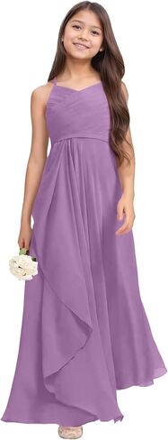Chiffon Flower Girl Dresses for Wedding Junior Bridesmaid Dress Spaghetti Strap V Neck Long Teen Girl Dresses in Saudi Arabia