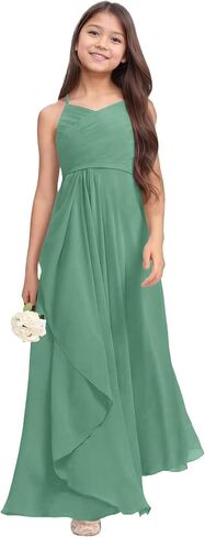 Chiffon Flower Girl Dresses for Wedding Junior Bridesmaid Dress Spaghetti Strap V Neck Long Teen Girl Dresses in Saudi Arabia