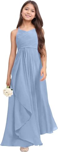Chiffon Flower Girl Dresses for Wedding Junior Bridesmaid Dress Spaghetti Strap V Neck Long Teen Girl Dresses in Saudi Arabia