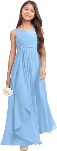 Chiffon Flower Girl Dresses for Wedding Junior Bridesmaid Dress Spaghetti Strap V Neck Long Teen Girl Dresses in Saudi Arabia