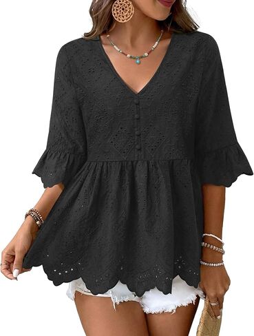 Messic Womens Summer Boho Tops V Neck Ruffle Sleeve Babydoll Blouses Eyelet Embroidered Shirts Vacation Clothes in Saudi Arabia