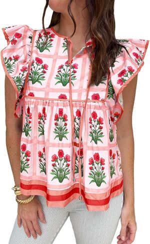 Cicy Bell Womens Floral Peplum Babydoll Tops Ruffle Cap Sleeve V Neck Blouses Summer Casual Boho Flowy Shirts in Saudi Arabia