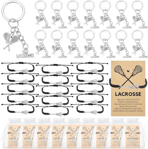 18 Sets Lacrosse Gift Set Bulk Include Stainless Steel Lacrosse Keychain Adjustable Bracelets Charm with Cards and Organza Bags for Senior Night Sports Players Lovers Team Party Favors in Saudi Arabia