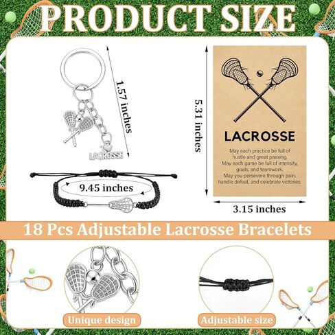 18 Sets Lacrosse Gift Set Bulk Include Stainless Steel Lacrosse Keychain Adjustable Bracelets Charm with Cards and Organza Bags for Senior Night Sports Players Lovers Team Party Favors in Saudi Arabia