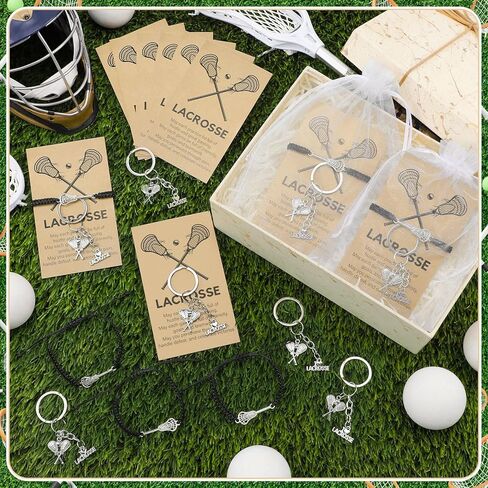 18 Sets Lacrosse Gift Set Bulk Include Stainless Steel Lacrosse Keychain Adjustable Bracelets Charm with Cards and Organza Bags for Senior Night Sports Players Lovers Team Party Favors in Saudi Arabia