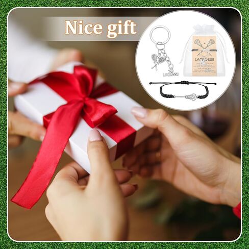 18 Sets Lacrosse Gift Set Bulk Include Stainless Steel Lacrosse Keychain Adjustable Bracelets Charm with Cards and Organza Bags for Senior Night Sports Players Lovers Team Party Favors in Saudi Arabia