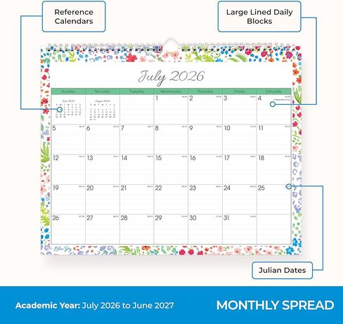Blue Sky 2026-2027 Monthly Academic Year Wall Calendar, July 2026 - June 2027, 15" x 12", Durable Twin Wire Binding, Perfect For Home, Office And Classroom, Ditsy Dapple Light in Saudi Arabia