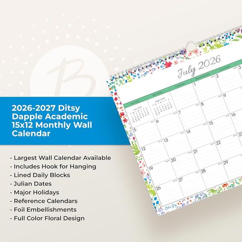 Blue Sky 2026-2027 Monthly Academic Year Wall Calendar, July 2026 - June 2027, 15" x 12", Durable Twin Wire Binding, Perfect For Home, Office And Classroom, Ditsy Dapple Light in Saudi Arabia
