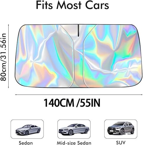 Car Windshield Sun Shade w/Laser Coating, 55" × 31" Thickened Car Window Shades Heat Reflective Interior Cool, Universal Fit for Most Cars SUVs Trucks, Foldable & Portable Design in Saudi Arabia