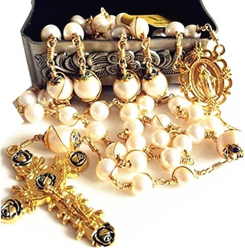 elegantmedical HANDMADE ROSARY Gold plated Wire Wrapped Bead AAA+ White Real Pearl Catholic Necklace Cross Gift Box in Saudi Arabia