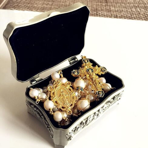 elegantmedical HANDMADE ROSARY Gold plated Wire Wrapped Bead AAA+ White Real Pearl Catholic Necklace Cross Gift Box in Saudi Arabia