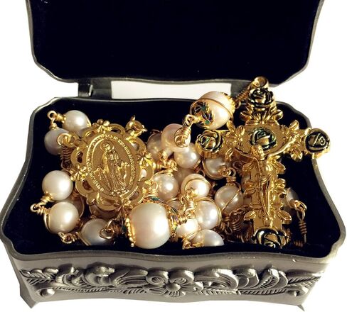 elegantmedical HANDMADE ROSARY Gold plated Wire Wrapped Bead AAA+ White Real Pearl Catholic Necklace Cross Gift Box in Saudi Arabia