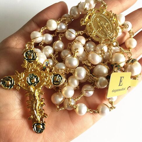 elegantmedical HANDMADE ROSARY Gold plated Wire Wrapped Bead AAA+ White Real Pearl Catholic Necklace Cross Gift Box in Saudi Arabia