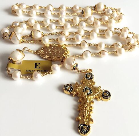 elegantmedical HANDMADE ROSARY Gold plated Wire Wrapped Bead AAA+ White Real Pearl Catholic Necklace Cross Gift Box in Saudi Arabia