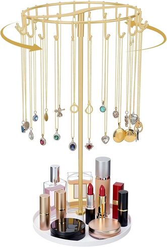 Novabright Rotating Necklace Holder with 24 Hooks, Spinning Gold Jewelry Display Stand, Metal Necklace Organizer Tree Stand with Tray, for Bracelet Keychain Home Room Decor Birthday Gift for Women in Kuwait
