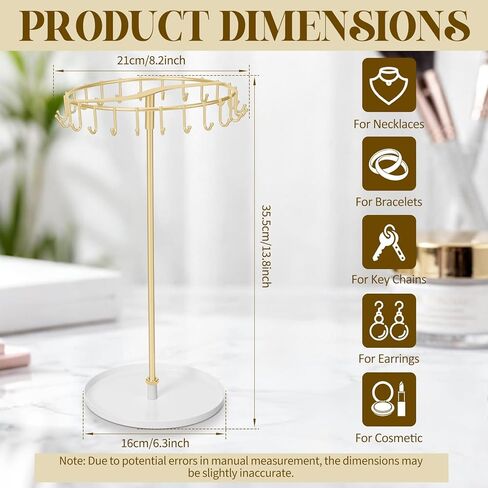 Novabright Rotating Necklace Holder with 24 Hooks, Spinning Gold Jewelry Display Stand, Metal Necklace Organizer Tree Stand with Tray, for Bracelet Keychain Home Room Decor Birthday Gift for Women in Kuwait