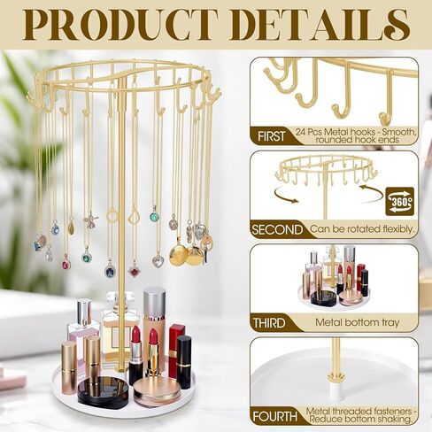 Novabright Rotating Necklace Holder with 24 Hooks, Spinning Gold Jewelry Display Stand, Metal Necklace Organizer Tree Stand with Tray, for Bracelet Keychain Home Room Decor Birthday Gift for Women in Kuwait
