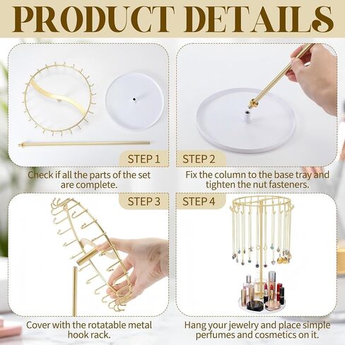 Novabright Rotating Necklace Holder with 24 Hooks, Spinning Gold Jewelry Display Stand, Metal Necklace Organizer Tree Stand with Tray, for Bracelet Keychain Home Room Decor Birthday Gift for Women in Kuwait