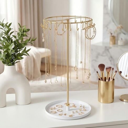 Novabright Rotating Necklace Holder with 24 Hooks, Spinning Gold Jewelry Display Stand, Metal Necklace Organizer Tree Stand with Tray, for Bracelet Keychain Home Room Decor Birthday Gift for Women in Kuwait