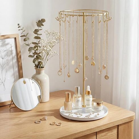 Novabright Rotating Necklace Holder with 24 Hooks, Spinning Gold Jewelry Display Stand, Metal Necklace Organizer Tree Stand with Tray, for Bracelet Keychain Home Room Decor Birthday Gift for Women in Kuwait