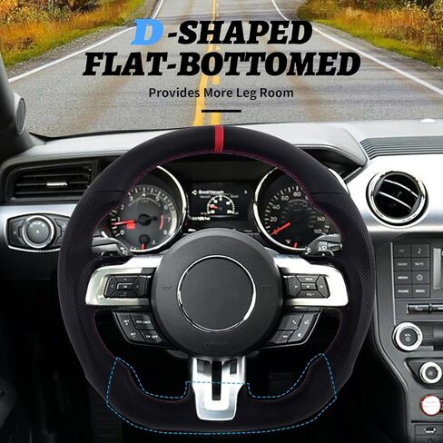 عجلة قيادة جلدية كاملة لسيارة Mustang EcoBoost/GT/Shelby GT350/GT350R 2015-2017، جلد نابا مثقب بالكامل على شكل حرف D بجزء سفلي مسطح ومخيط يدويًا in Kuwait