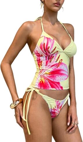 Women's Halter Tankini Swimsuit Floral Print Adjustable Sides Bikini Set Tummy Control Two Piece Bathing Suit in Kuwait