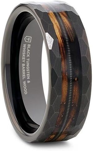 خاتم التنغستن الأسود | برميل الويسكي المتفحم من الخشب وسلسلة الجيتار | 8 ملم | للرجال in Kuwait