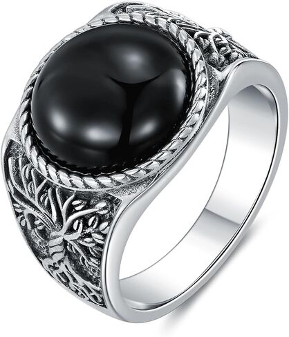 Men's Tree of Life Ring, Sterling Silver Adjustable Band with Natural Gemstone (Black Onyx, Turquoise, Amber, Tiger Eye, Lapis Lazuli) - Vintage Spiritual Jewelry for Men in Saudi Arabia
