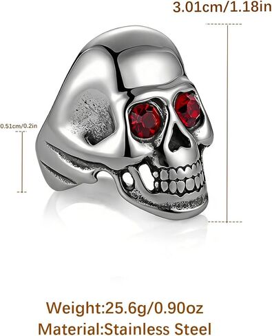 HZMAN Stainless Steel Skull Ring for Men, Red Cubic Zirconia Eyes Biker Ring, Dark Vintage Gothic Statement Jewelry Size 7-12 in Saudi Arabia