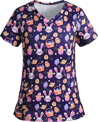 قطع علوية لفرك عيد الفصح للسيدات قابلة للتمدد على شكل حرف V وأكمام قصيرة لطيفة على شكل أرنب وبيض مطبوعة زي عمل للممرضات مع جيوب 2 in Kuwait