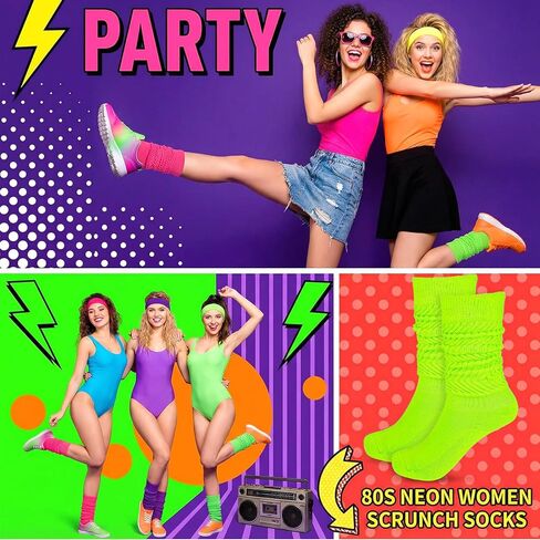 زوجان من الجوارب النيون المترهلة 80s 90s للنساء، إكسسوارات طويلة ناعمة لتدفئة الساق 80s 90s نيون (وردي فاقع وأخضر) in Kuwait