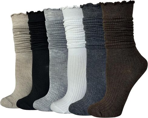 Cityelf 6 Pack Women’s Ruffle Slouchy Socks Retro Cute Frilly Scrunch Mid Calf Cotton Vintage Boot Chunky Crew Socks in Kuwait