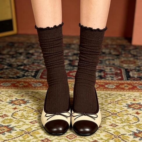 Cityelf 6 Pack Women’s Ruffle Slouchy Socks Retro Cute Frilly Scrunch Mid Calf Cotton Vintage Boot Chunky Crew Socks in Kuwait