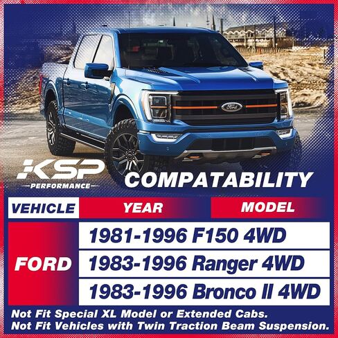مجموعات رفع التسوية الأمامية مقاس 2 بوصة من KSP، تناسب 1981-1996 Ford F150، 1983-1996 Ranger، 1991-1994 Explorer، Navajo، مجموعة تسوية أمامية مقاس 2 بوصة مع مسمار 5/8 بوصة (الدفع الرباعي فقط) in Saudi Arabia