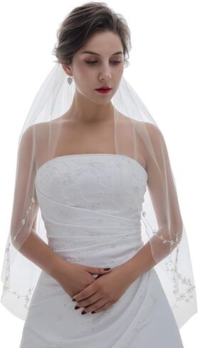 SAMKY 1T 1 Tier Offset Floral Vine Pearls Beaded Crystals Bridal Veil in Saudi Arabia