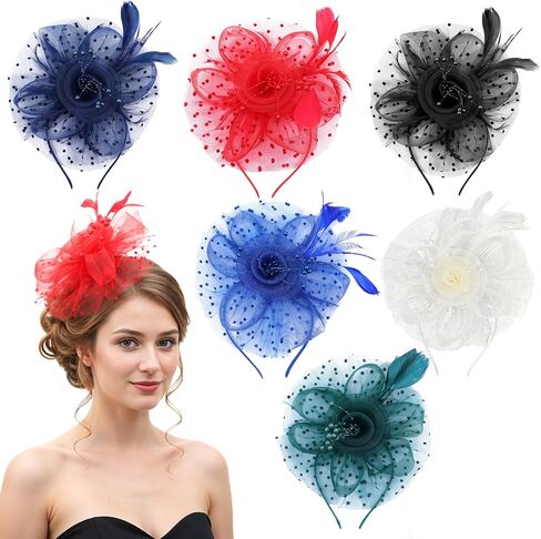 6 PCS Women's Fascinators - Elegant Vintage Style Fascinators Hats for Women Tea Party with Feathers, Mesh and Flowers in 6 Colors for Derby, Weddings, Cocktail Events Multicolor in Saudi Arabia