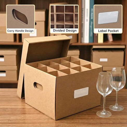 4 عبوات من صناديق نقل زجاج النبيذ من Unarty مع مقبض، وصناديق متحركة للمطبخ مع فواصل وغطاء للأواني الزجاجية للأطباق مقاس 15 × 12 × 10 بوصة in Kuwait