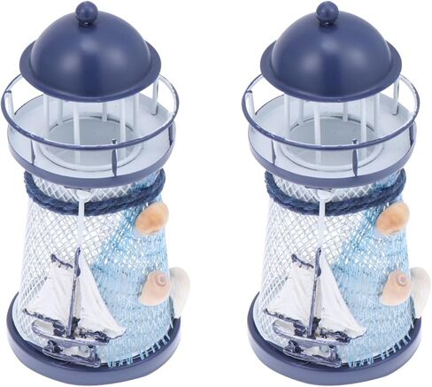 VOSAREA 2pcs Beach Tealight Candle Holder Sailing Boat Figurine Metal Lighthouse Ornament Lighthouse Tower Figurine Ocean Decor Home Decoration Creative Candle Holder Seaside Mini Antique in Saudi Arabia