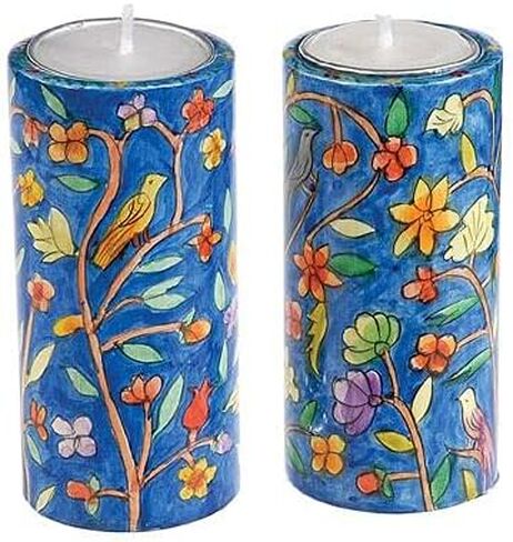 Yair Emanuel Hand-Painted Tealight Shabbat Candle Holders - 4x2x2 Inches, Wood Composite, Birds and Flowers Judaica Gift RCL-2 in Saudi Arabia