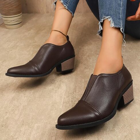 Women's Chunky Low Heel Ankle Booties Fashion V Cut Stacked Low Heeled Booties Comfortable Slip on Pointed Toe Casual Dress Pumps in Saudi Arabia