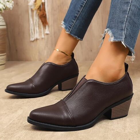 Women's Chunky Low Heel Ankle Booties Fashion V Cut Stacked Low Heeled Booties Comfortable Slip on Pointed Toe Casual Dress Pumps in Saudi Arabia