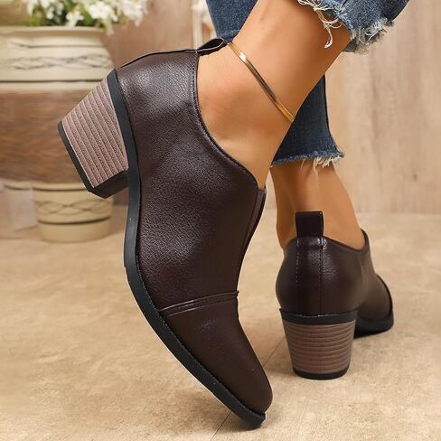 Women's Chunky Low Heel Ankle Booties Fashion V Cut Stacked Low Heeled Booties Comfortable Slip on Pointed Toe Casual Dress Pumps in Saudi Arabia