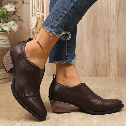 Women's Chunky Low Heel Ankle Booties Fashion V Cut Stacked Low Heeled Booties Comfortable Slip on Pointed Toe Casual Dress Pumps in Saudi Arabia