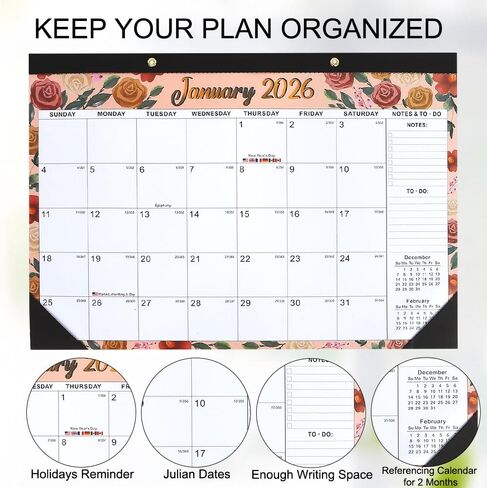 Desk Calendar 2026, Wall Calendars 2026-2027, 18 Month Calendar Runs from Jan 2026 - Jun 2027, 17" x 12" Large Flower Wall Calendars Desktop Monthly Planner for Home Office Teacher School Supplies in Saudi Arabia